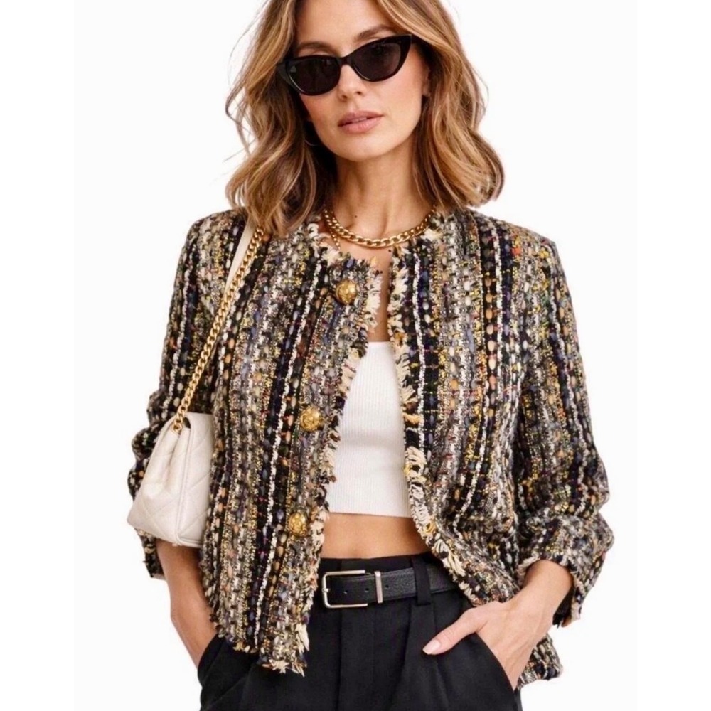 CAbi Paris Tweed Jacket Wool Blend Boucle Tweed Jacket Frayed Trim Crop Blazer S